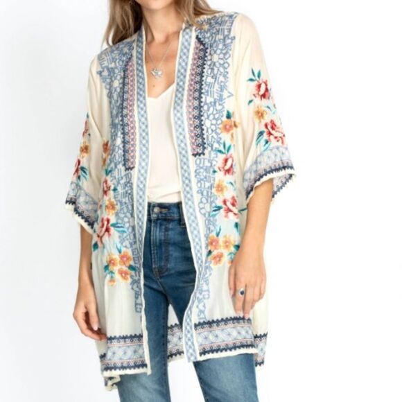 Johnny Was Utopia Kimono 100% Silk Floral Letter Embroidered Cream Blue Size XL - Picture 2 of 16